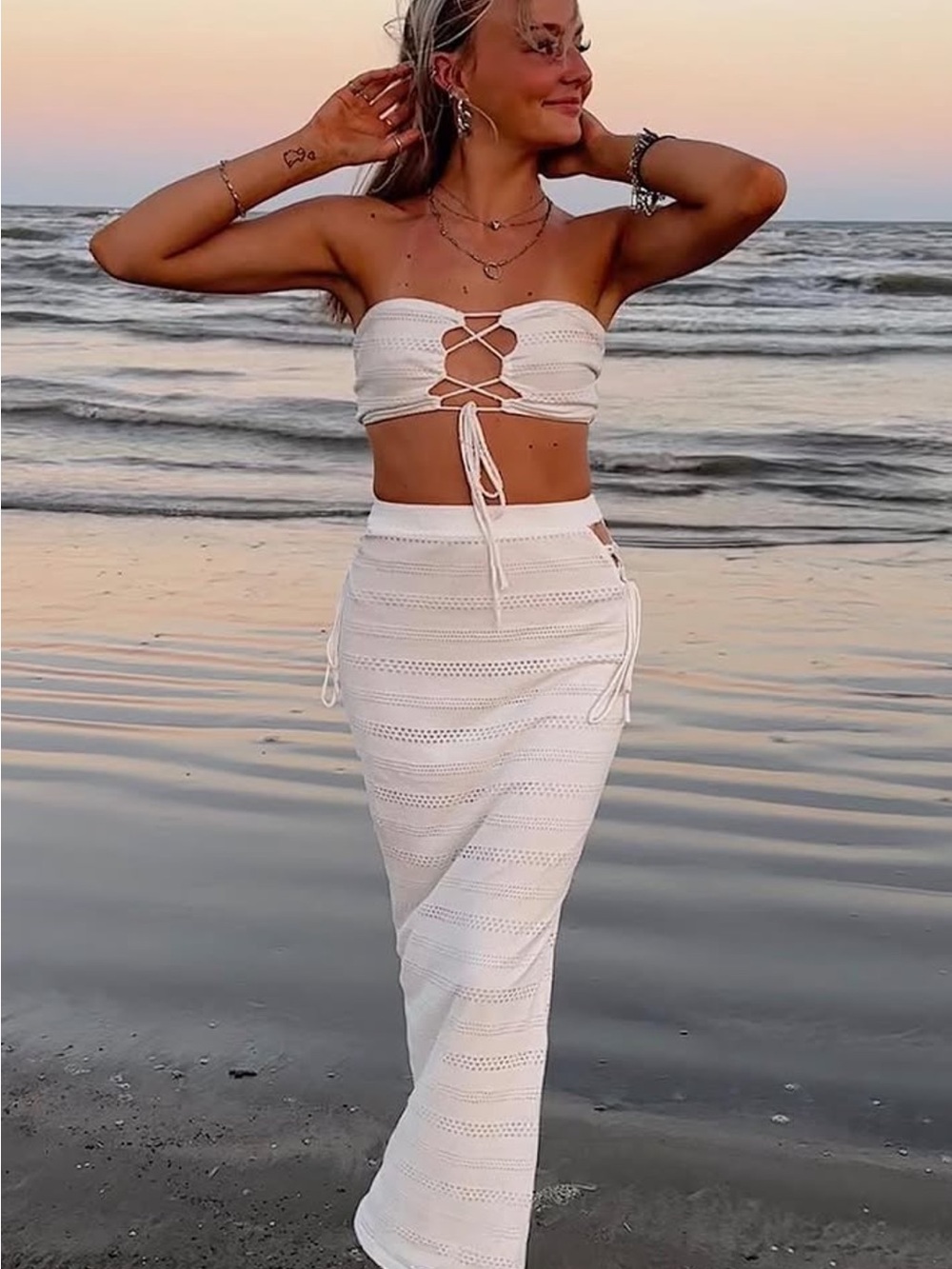 American Threads White Crochet Maxi Skirt